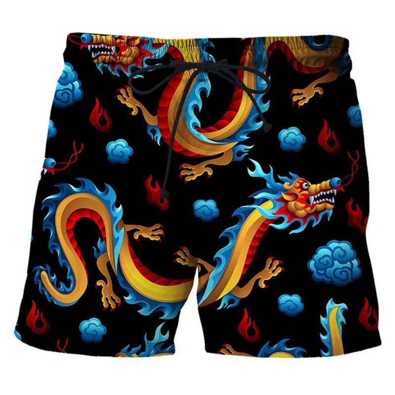 Short de Bain 3D : Surf, Plage, Séchage Rapide noir rouge dragon