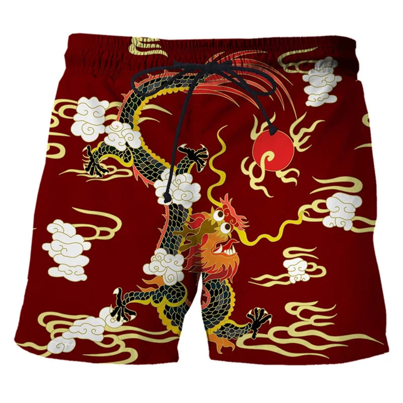 Short de Bain 3D : Surf, Plage, Séchage Rapide rouge blanc dragon
